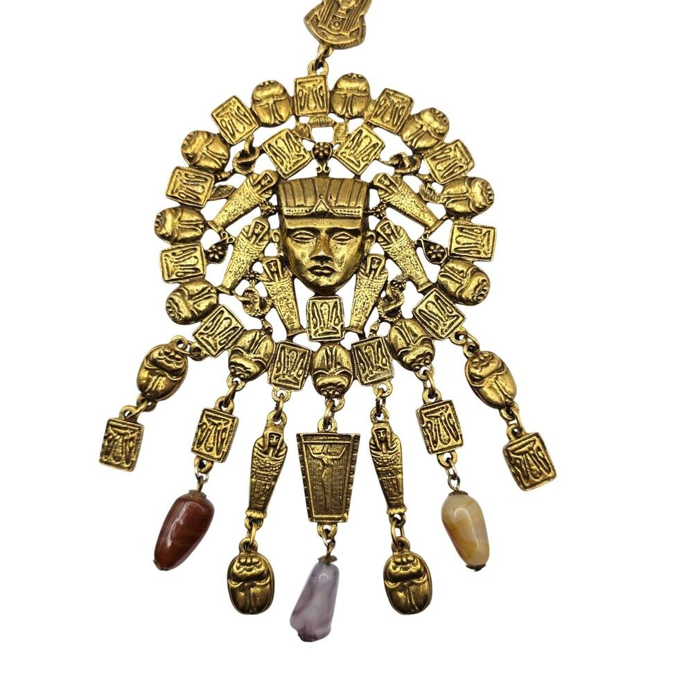 Goldette 1970s Egyptian Revival Gold Tone Necklace Cartouche & Scarab Motifs